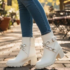 INC International Concepts White Ankle Boots with Crystal Embellishments